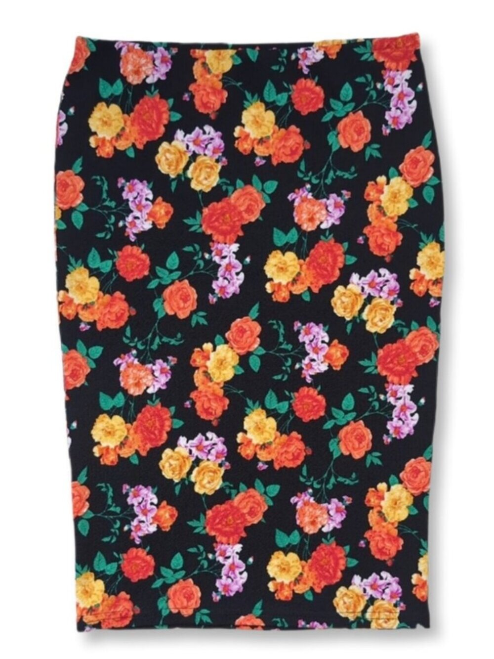 Suzy Shier Black Floral Pencil Skirt Orange Yellow Roses Pull On Bodycon Stretch